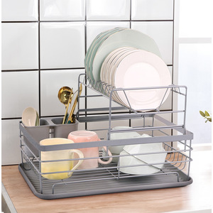 2 Tier Metal Dish Drainer with Draining Board - Silver by Livingandhome