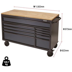 Draper Bunker Roller Workstation with Workbench - Grey / Workbench Roller Tool Cabinet, 10 Drawer by Draper