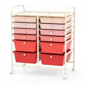 12 Drawers Rolling Storage Cart with 4 Wheels and Brakes - Gradient Pink by Costway
