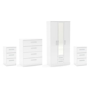 Wooden 4 Piece Furniture Set Wardrobe Chest of Drawers Bedsides Lynx - White by Birlea