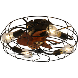 Wood Grain Ceiling Fan Light with Cage Shade - Black by Livingandhome