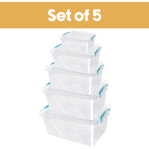 Set of 5 Plastic Clip Lidded Storage Boxes - Clear by JVL