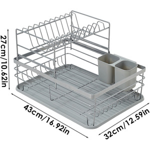 2 Tier Metal Dish Drainer with Draining Board - Silver by Livingandhome