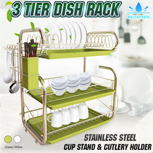 3 Layer Dish Drainer Rack Plate with Tray - Green by Livingandhome