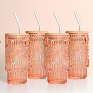 Pack of 4 Peach Boho Tumblers with Lid and Straw - Peach