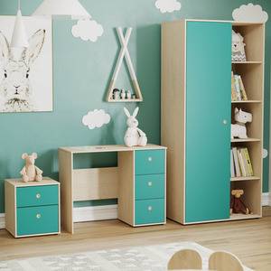 Neptune 3 Piece Bedroom Set - Desk, 2 Drawer Bedside Cabinet, Wardobe - Blue and Oak / MDF by Vida Designs