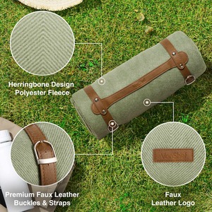 Picnic Blanket with Faux Leather Carry Handle - Beige / 180cm by VonShef