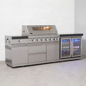 6 Burner BBQ Modular Outdoor Kitchen with Sear Station and Double Fridge Unit by Draco Grills