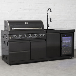 6 Burner BBQ Black Stainless Steel Outdoor Kitchen, with sink and fridge - Brushes Black Steel by Draco Grills