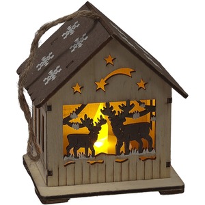 Wooden Hanging House with Deer - Light Brown/Neutral by SnowTime