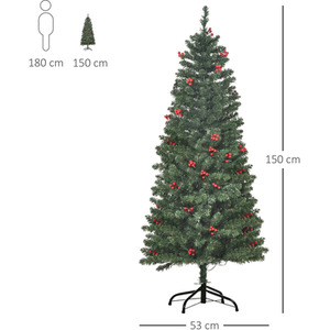 HOMCOM Prelit Artificial Pencil Christmas Tree with LED Light, Red Berry - Green / 5ft by HOMCOM