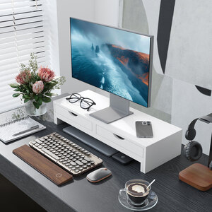 HOMCOM Adjustable Dual Monitor Stand Riser with Drawer - White by HOMCOM