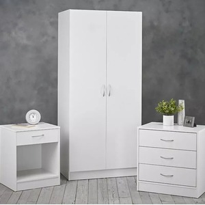 3 Piece Set 2 Door Wardrob Bedside Table and 3 Drawer Chest of Drawers - White by Wyld and Coco