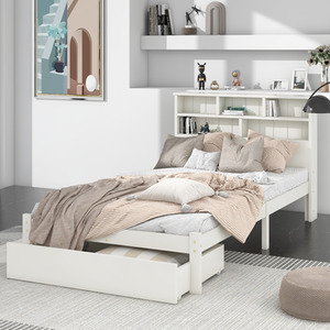 Wooden Storage Bed with shelves and Underbed Drawer - White / 100cm by Abrihome