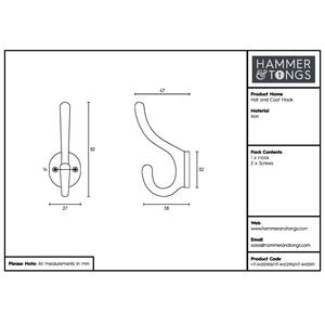 25x80mm Hat Coat Hook - Black by Hammer and Tongs