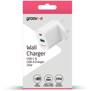 USB-C USB-A 20W Wall Charger with Power Delivery - White by Groov-e