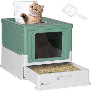 PawHut Cat Litter Box with Lid, Foldable Cat Litter Tray with Scoop - Green by PawHut