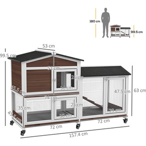 PawHut Two-Tier Wooden Pet Hutch with Wheels, Run - Brown by PawHut