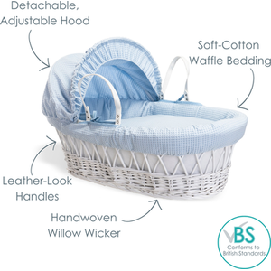 Waffle White Wicker Moses Basket - Blue by Clair de Lune
