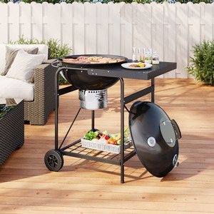 Portable Charcoal BBQ Grill with Tabletop and Shelves - Black by Livingandhome
