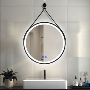 Round Bathroom Mirror with LED Lights, Leather Belt by AicaBathroom