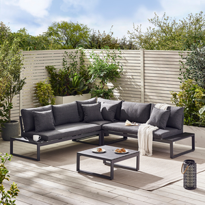 White Outdoor Sofa Set - Dubai Metal - Wood 6 Seat Garden Corner Sofa and Table - Grey by FurnitureboxUK
