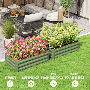 Outsunny Set of 2 Galvanised Garden Raised Bed for Flowers Herbs - Green by Outsunny