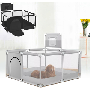 Baby Playpen with Mesh Sides and Activity Features - Light Grey