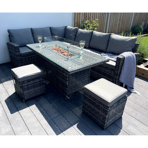 The Maldives 8 Seat Corner Gas Firepit Rattan Dining Set - Grey by Madefor.living