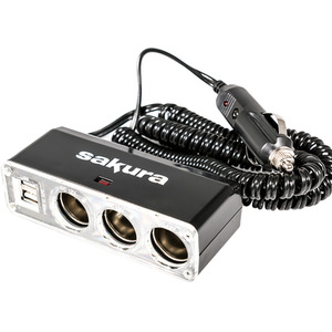 12V 3 Sockets 2 USB Extension Car Auto - Black by Sakura