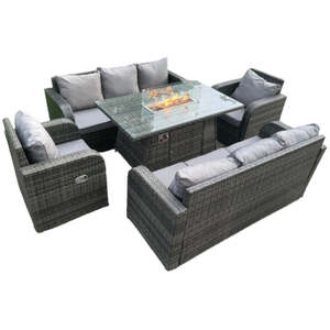 Charles 8 Seater Rattan Set With Gas Fire Pit - Dark Grey by Furnico Living LTD