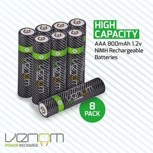 Rechargeable AAA Batteries - High Capacity 800mAh (8 Pack) - Black by Venom