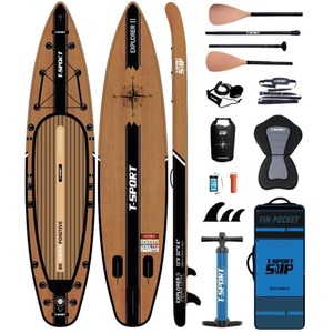 12FT Paddle Board With Kayak Conversion Kit and Carbon Paddle - Wooden by T-Sport