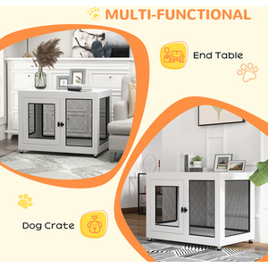 PawHut Dog Kennel Furniture End Table with Two Doors, Cushion - White by PawHut