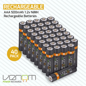 500mAh Rechargeable AAA Batteries (40-Pack) - Black by Venom