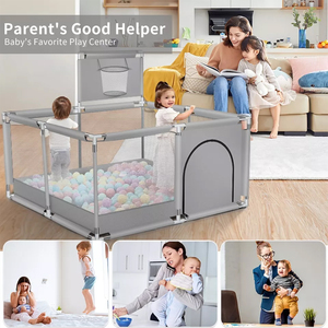 Baby Playpen with Mesh Sides and Activity Features - Light Grey