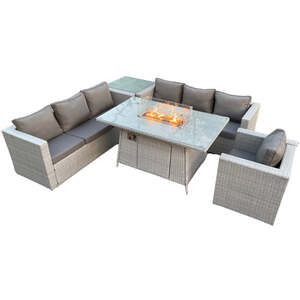 Emily 7 Seater Corner Rattan Fire Pit Set - Light Grey by Furnico Living LTD