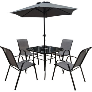 The Lancaster - Black and Grey Metal 4 Seat Garden Dining Set with Parasol - Grey by Madefor.living