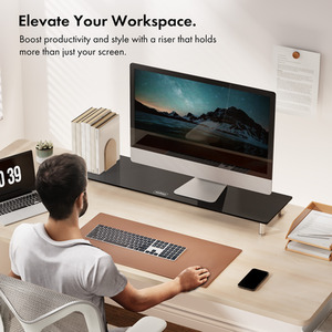 Height Adjustable Extra Large Black Glass Monitor Stand for Desks - Black / 9.3cm by VonHaus