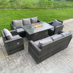 Charles 8 Seater Rattan Set With Gas Fire Pit - Dark Grey by Furnico Living LTD
