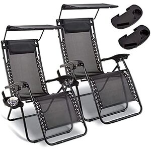 2x Zero Gravity Sun Loungers with Canopy and Drink Holder - Black by Garden Mile