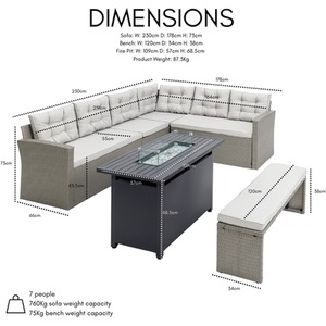 Modena L-Shape PE Rattan Dining Set with Fire Pit Table - Grey by GRS