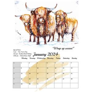 Highland Cows in Watercolour 2024 Calendar by BebesArts
