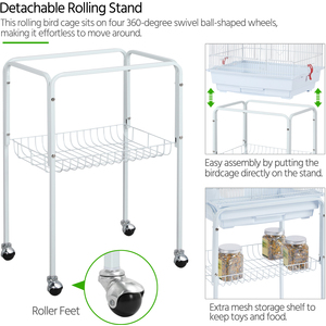 Rolling Metal Bird Cage with Detachable Stand - White by Yaheetech