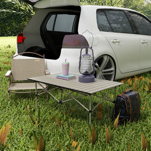 Outsunny Folding Camping Table w Roll Up Aluminium Top Carry Bag - Khaki by Outsunny