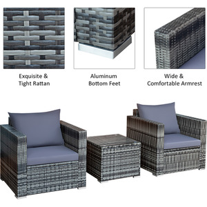 3PCS Patio Wicker Bistro Set - Grey by Costway