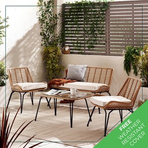 Outdoor Rattan Sofa - Lisbon Garden Sofa Chairs Table Set - Wicker and Cream - Beige by FurnitureboxUK