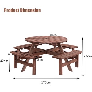 BIRCHTREE 8 Seater Wooden Picnic Table Round Pub Bench - Brown by BIRCHTREE