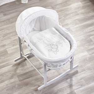 White Teddy Wash Day Grey Wicker Moses Basket with Grey Rocking Stand - White by Kinder Valley