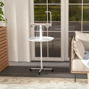 PawHut Bird Table with Four Wheels Perches Feed Bowls Round Tray - White by PawHut